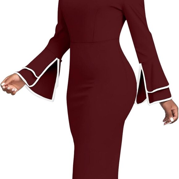 Church Dress for Women Flared Sleeve Midi Pencil Dress Elegant Teacher Office Bu - Picture 2 of 4